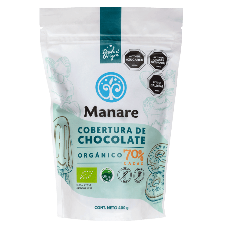 COBERTURA CHOCOLATE 70% CACAO ORGANICO MANARE 400 GRS 3 UNIDS