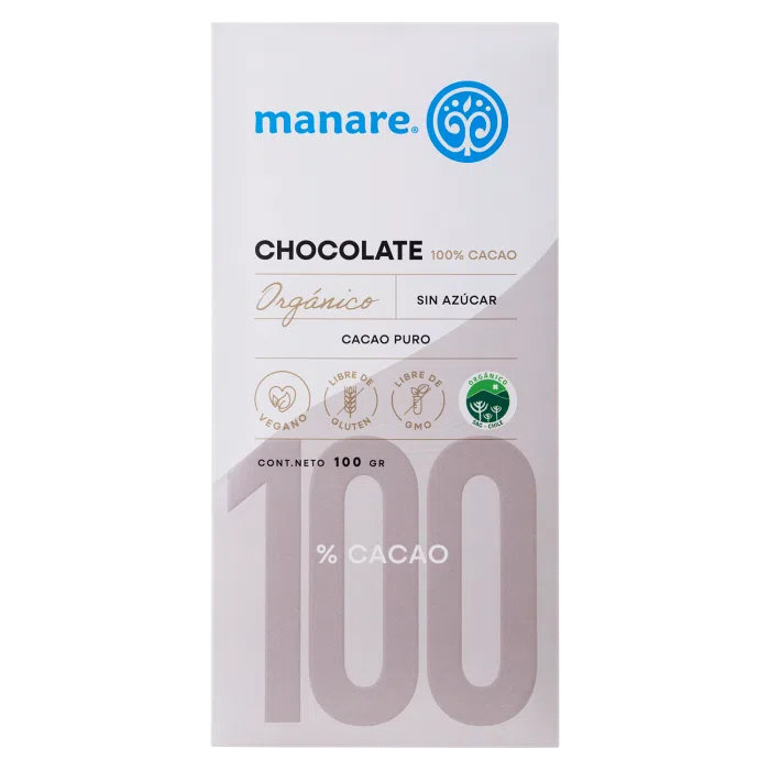 CHOCOLATE 100% CACAO ORGÁNICO MANARE 100 GRS 12 UNIDS