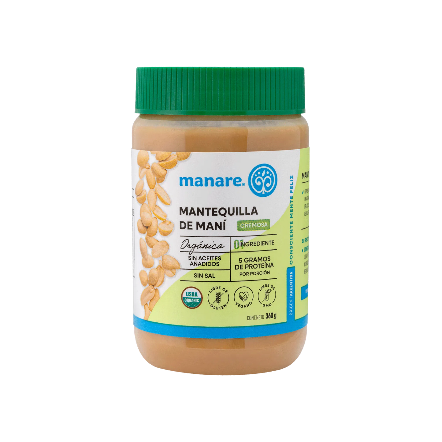 MANTEQUILLA DE MANÍ ORGÁNICA MANARE 360 GRS 6 UNIDS