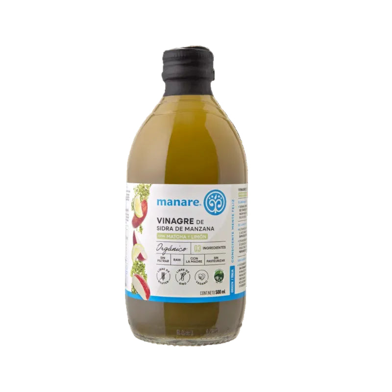 VINAGRE DE MANZANA CON MATCHA Y LIMÓN ORGÁNICO MANARE 500 ML 6 UNIDS