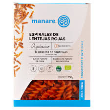 PASTA ESPIRALES DE LENTEJAS ROJAS ORGÁNICAS MANARE 250 GRS 6 UNIDS