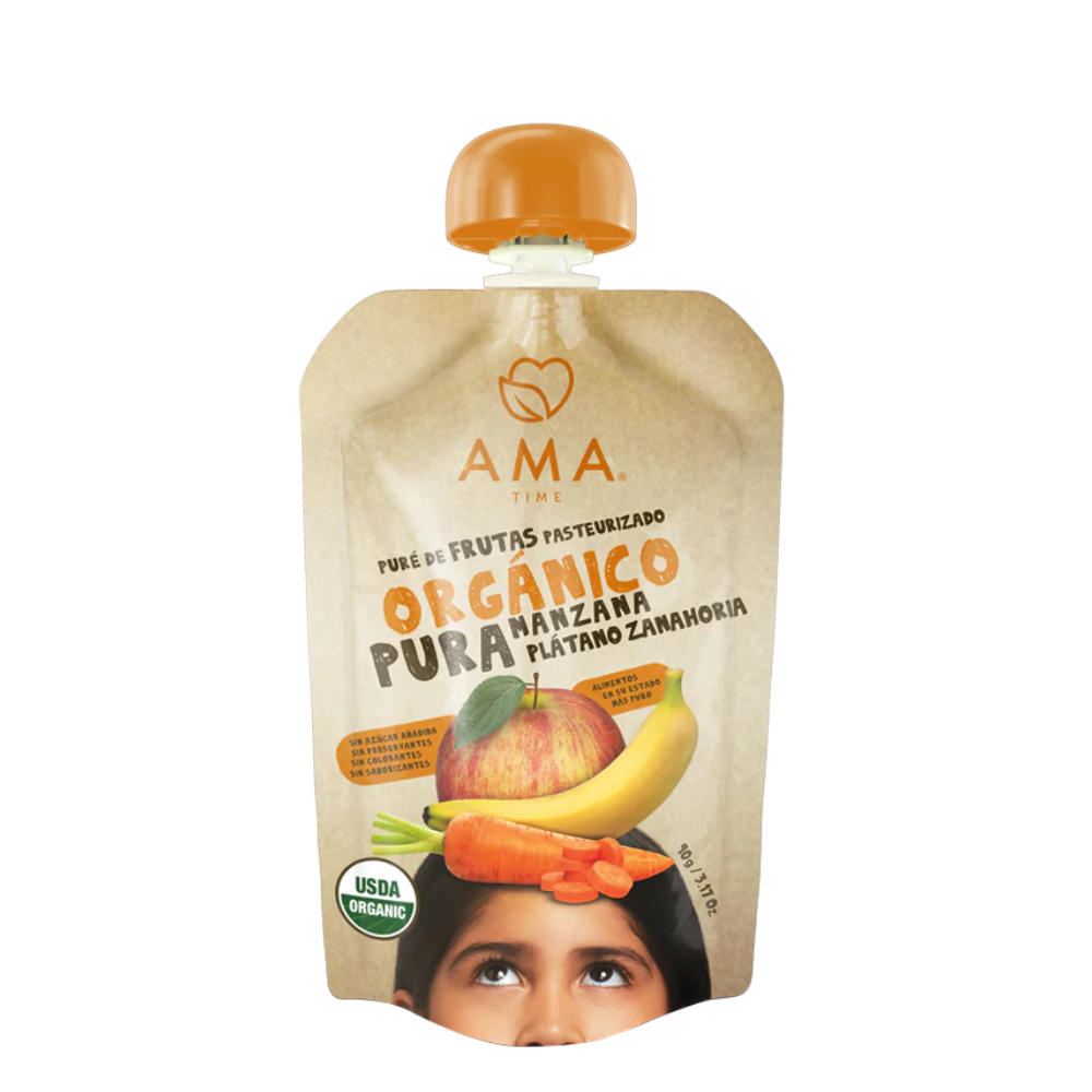 PURÉ AMA MANZANA PLÁTANO ZANAHORIA ORGÁNICO 90 GRS 32 UNIDS