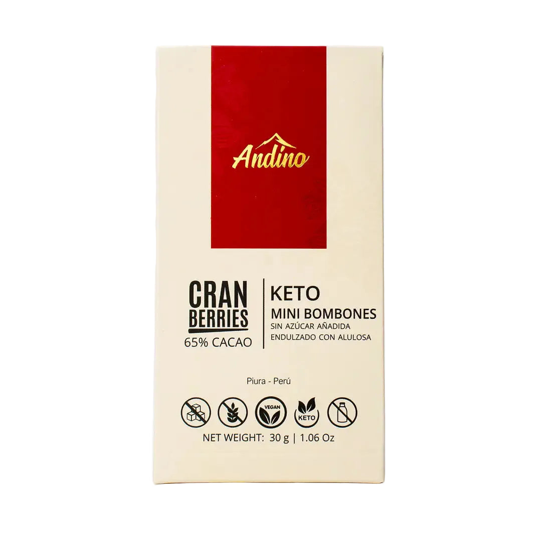 MINI BOMBONES ANDINO 65% CRANBERRIES KETO ALULOSA 30 GRS 10 UNIDS