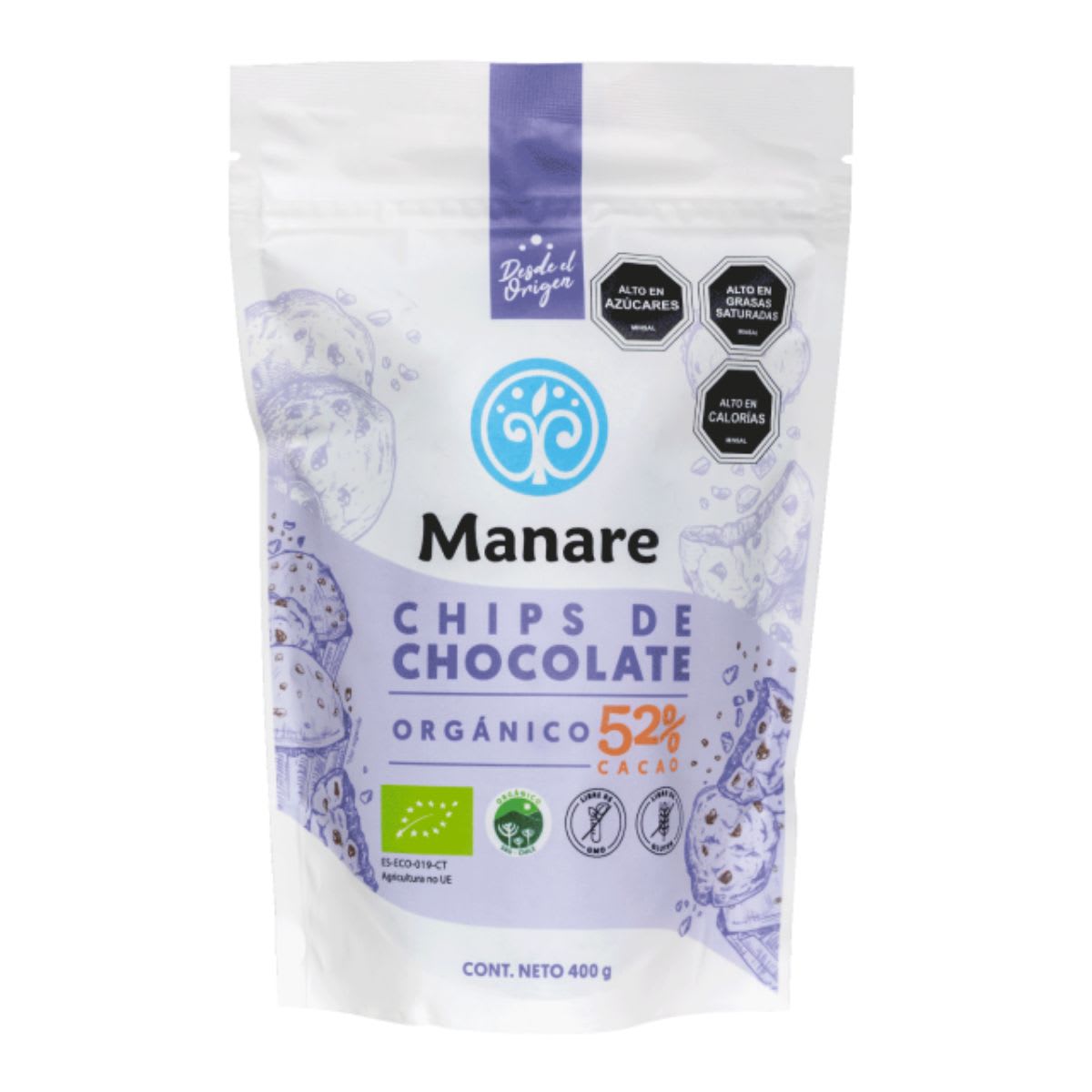 CHIPS 52% CACAO ORGÁNICO MANARE 400 GRS 3 UNIDS