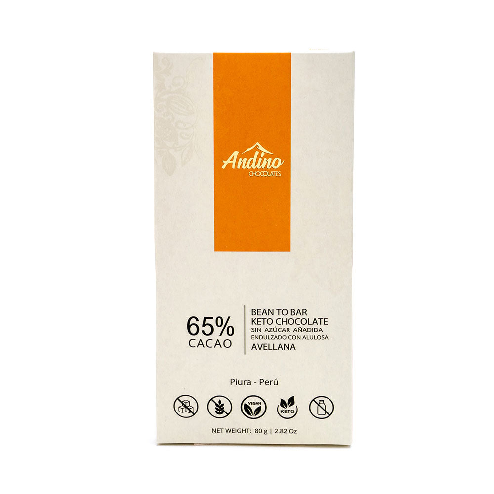 BARRA ANDINO 65% KETO AVELLANA ALULOSA 80 GRS 10 UNIDS