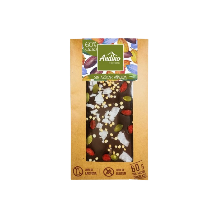 BARRA CHOCOLATE ANDINO 60% FRUTOS SECOS SIN AZÚCAR 60 GRS  10 UNIDS