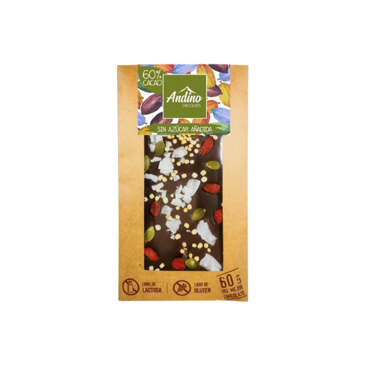 BARRA CHOCOLATE ANDINO 60% FRUTOS SECOS SIN AZÚCAR 60 GRS  10 UNIDS