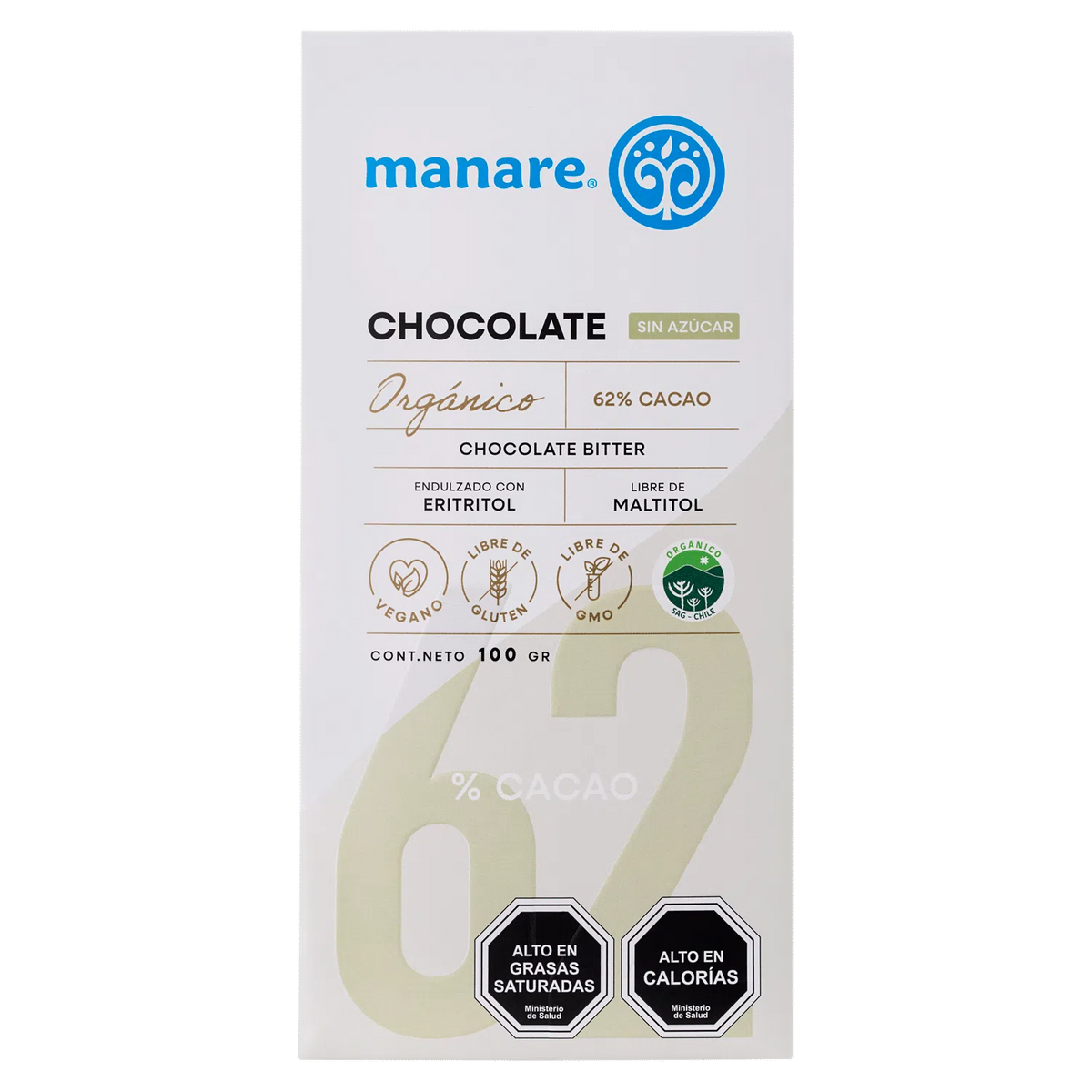 Barra de Chocolate 62% Cacao sin azúcar (100g) Manare