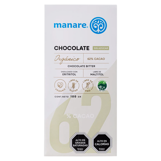 CHOCOLATE SIN AZUCAR 62% CACAO ORGANICO MANARE 100 GRS 12 UNIDS