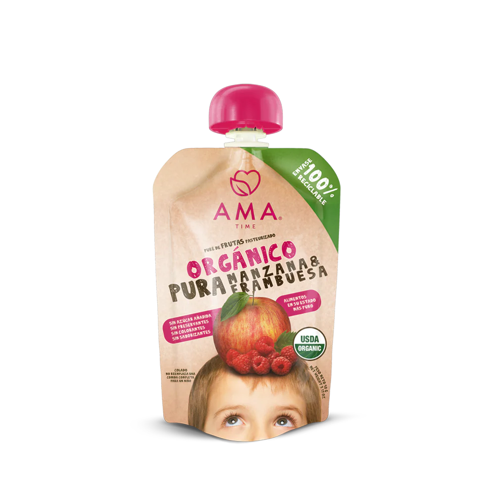 PURÉ AMA MANZANA FRAMBUESA ORGÁNICO 90 GRS 32 UNIDS
