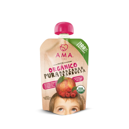 PURÉ AMA MANZANA FRAMBUESA ORGÁNICO 90 GRS 32 UNIDS