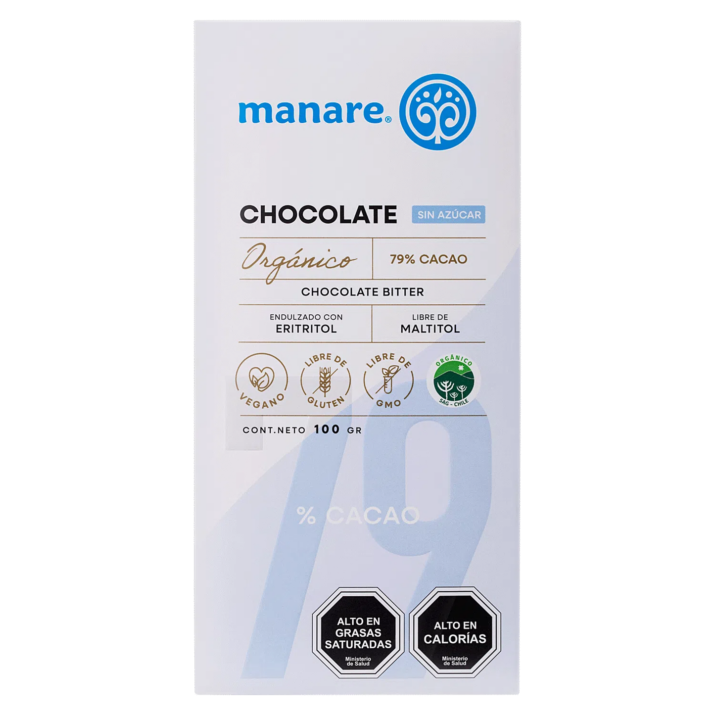 CHOCOLATE SIN AZUCAR 79% CACAO ORGANICO MANARE 100 GRS 12 UNIDS