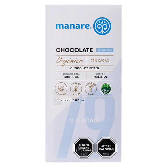 CHOCOLATE SIN AZUCAR 79% CACAO ORGANICO MANARE 100 GRS 12 UNIDS