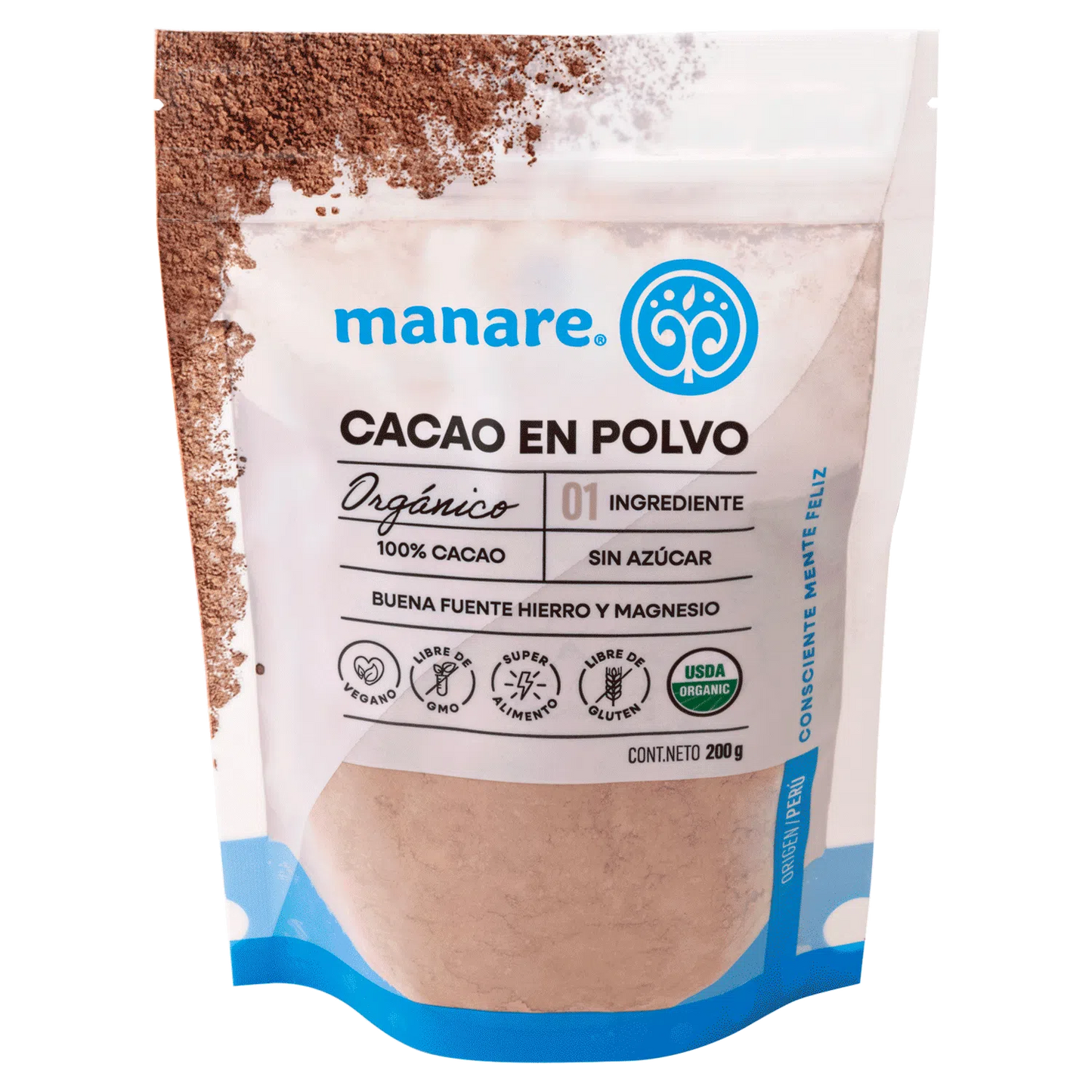 CACAO EN POLVO ORGÁNICO MANARE 200 GRS 8 UNIDS
