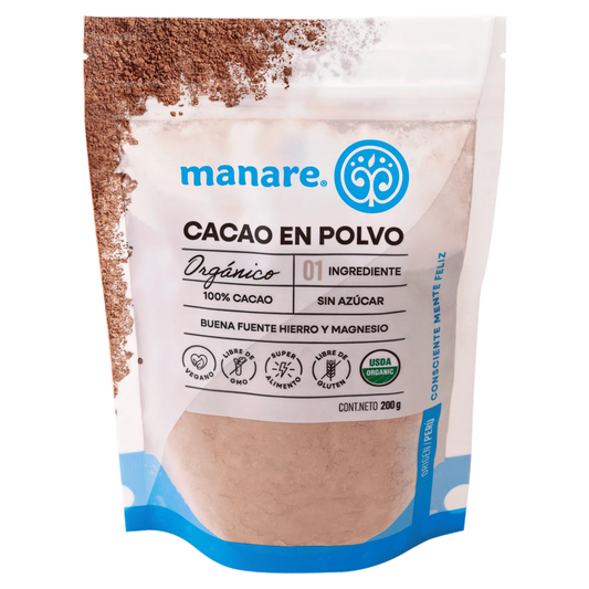 CACAO EN POLVO ORGÁNICO MANARE 200 GRS 8 UNIDS