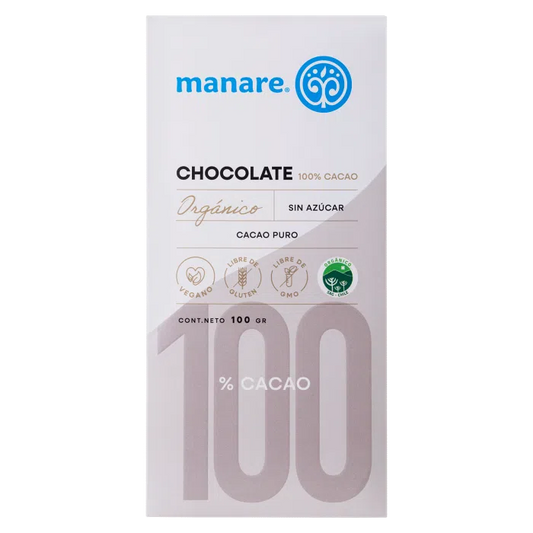 CHOCOLATE 100% CACAO ORGÁNICO MANARE 100 GRS 12 UNIDS