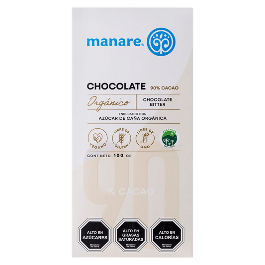 CHOCOLATE 90% CACAO ORGANICO MANARE 100 GRS 12 UNIDS