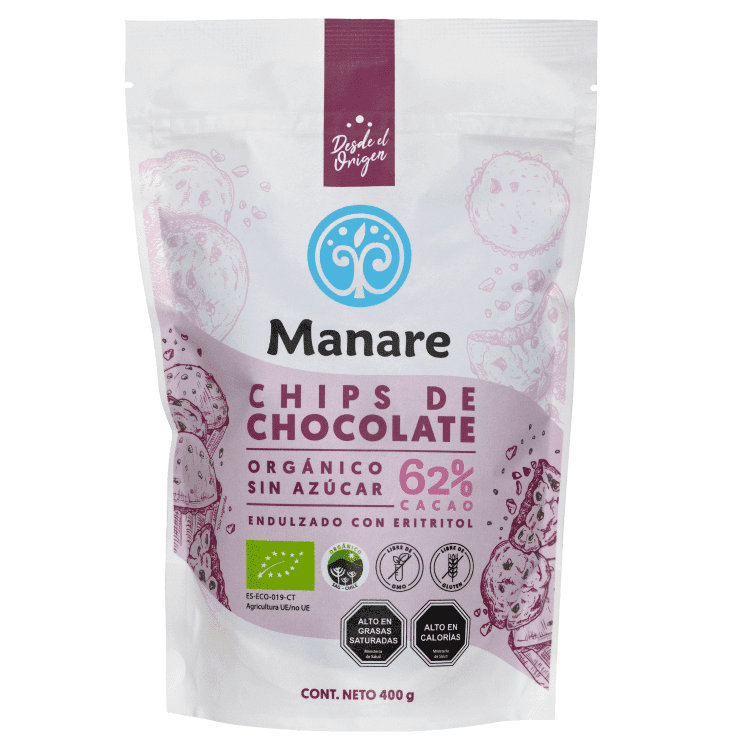 CHIPS DE CHOCOLATE SIN AZÚCAR 62% CACAO ORGÁNICO MANARE 400 GRS 3 UNIDS