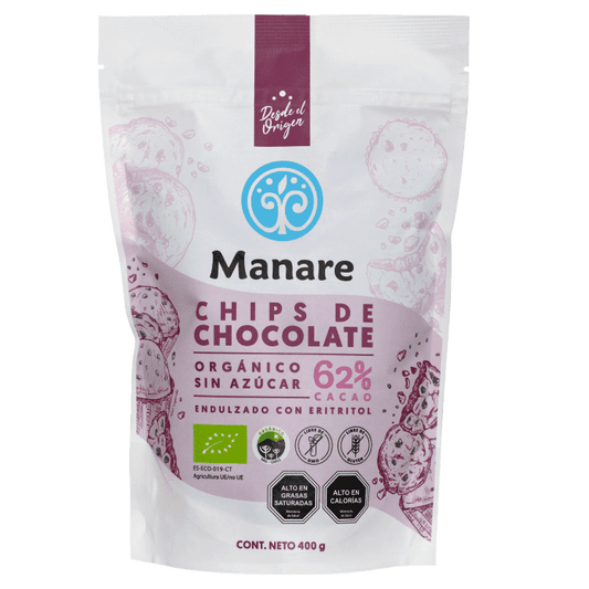 CHIPS DE CHOCOLATE SIN AZÚCAR 62% CACAO ORGÁNICO MANARE 400 GRS 3 UNIDS