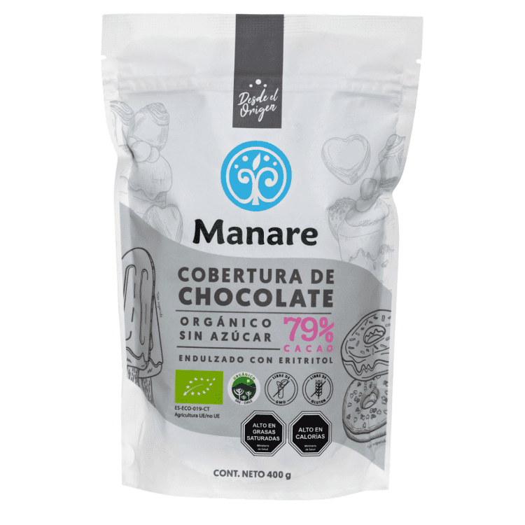 COBERTURA CHOCOLATE SIN AZUCAR 79% CACAO ORGANICO MANARE 400 GRS 3 UNIDS