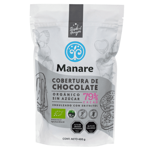 COBERTURA CHOCOLATE SIN AZUCAR 79% CACAO ORGANICO MANARE 400 GRS 3 UNIDS