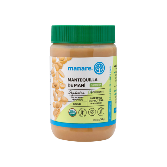 MANTEQUILLA DE MANÍ ORGÁNICA MANARE 360 GRS 6 UNIDS