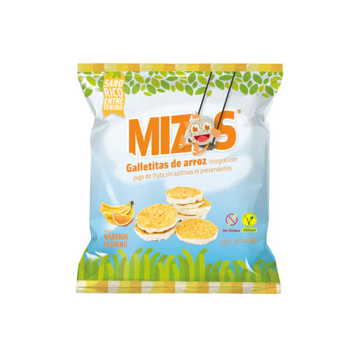 GALLETAS DE ARROZ MIZOS NARANJA PLÁTANO 16 GRS 28 UNIDS