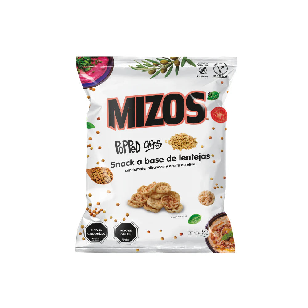 POPPED CHIPS DE LENTEJAS CON TOMATE Y ALBAHACA MIZOS 20 GRS 24 UNIDS