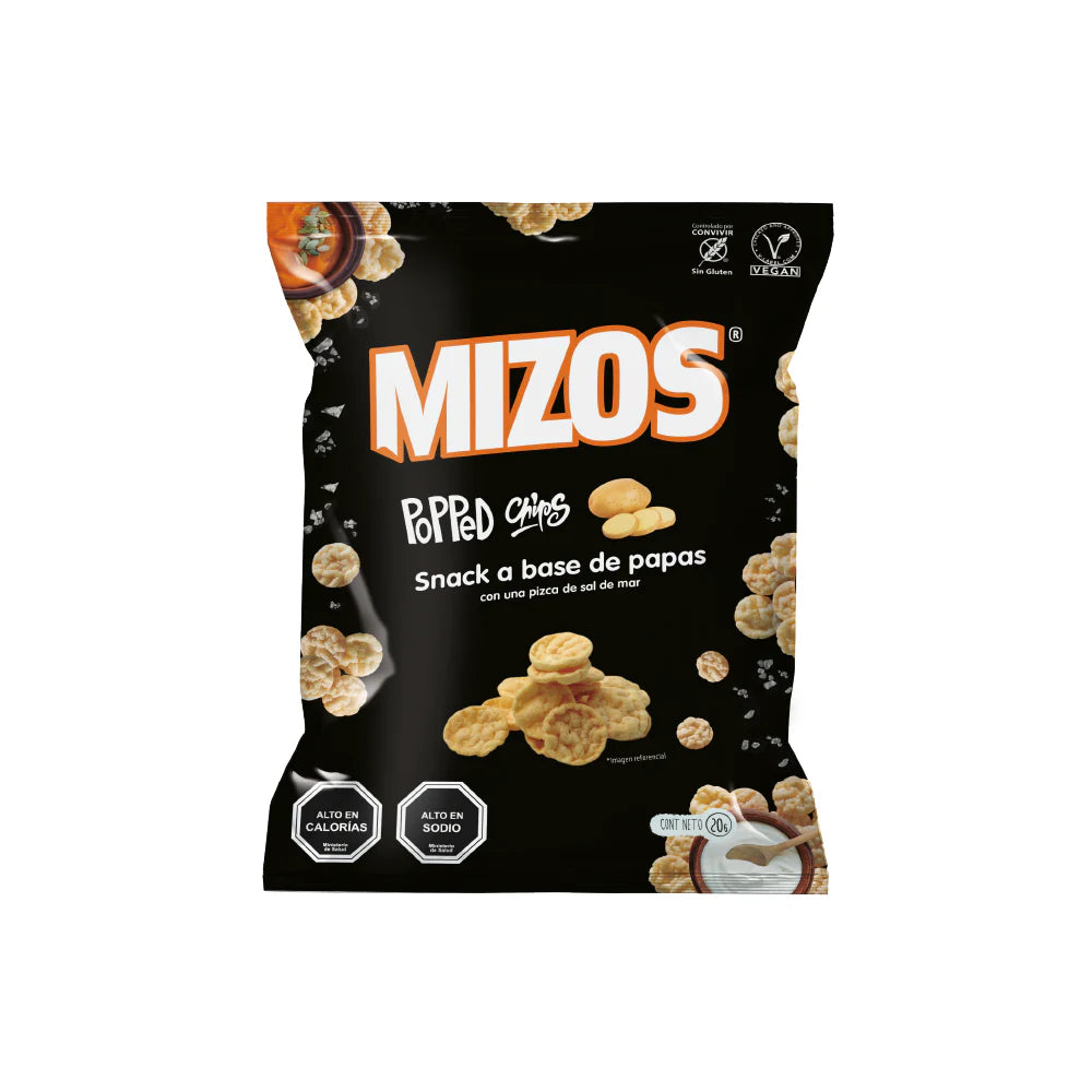 POPPED CHIPS CON SAL DE MAR MIZOS 20 GRS 24 UNIDS