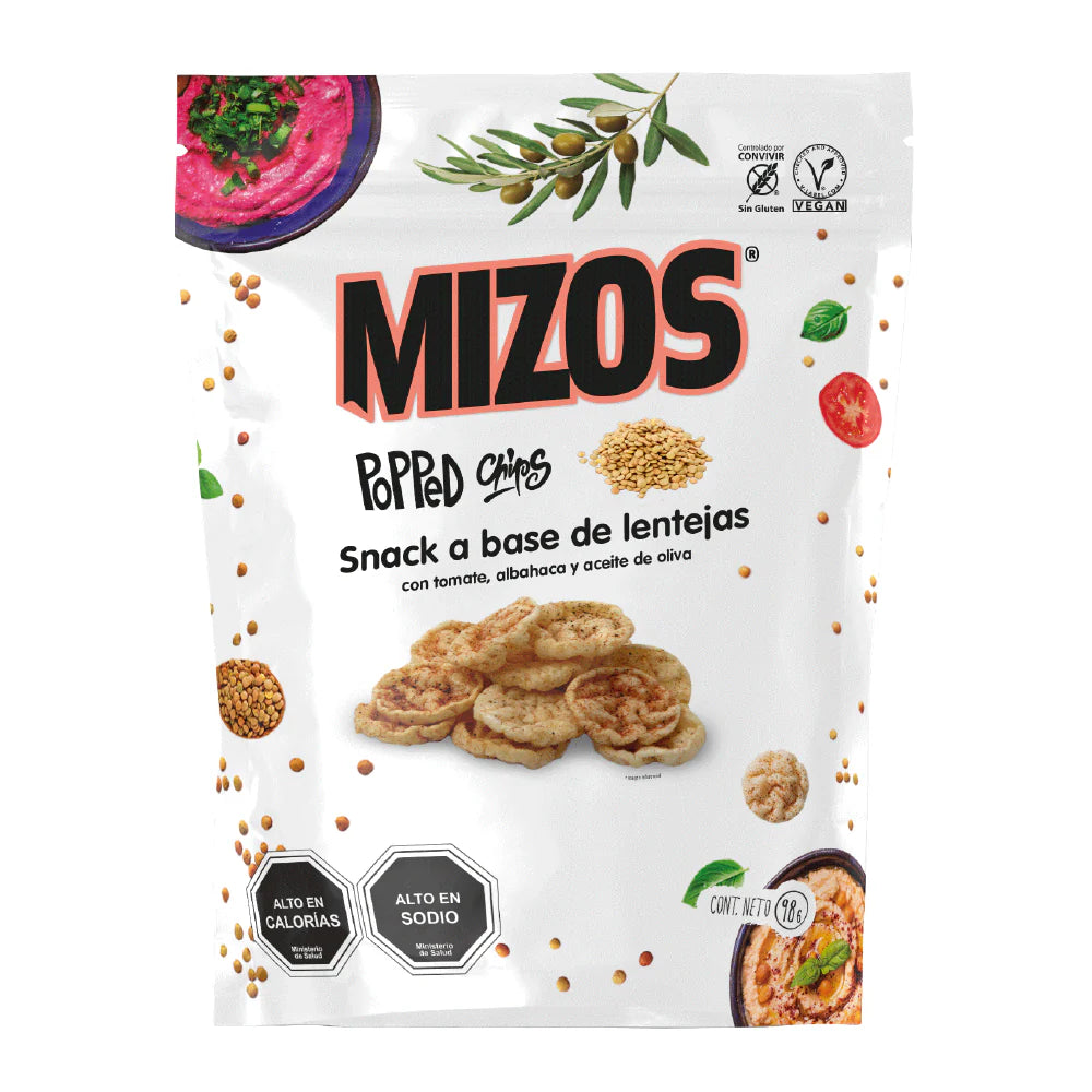POPPED CHIPS DE LENTEJAS CON TOMATE Y ALBAHACA MIZOS 98 GRS 12 UNIDS