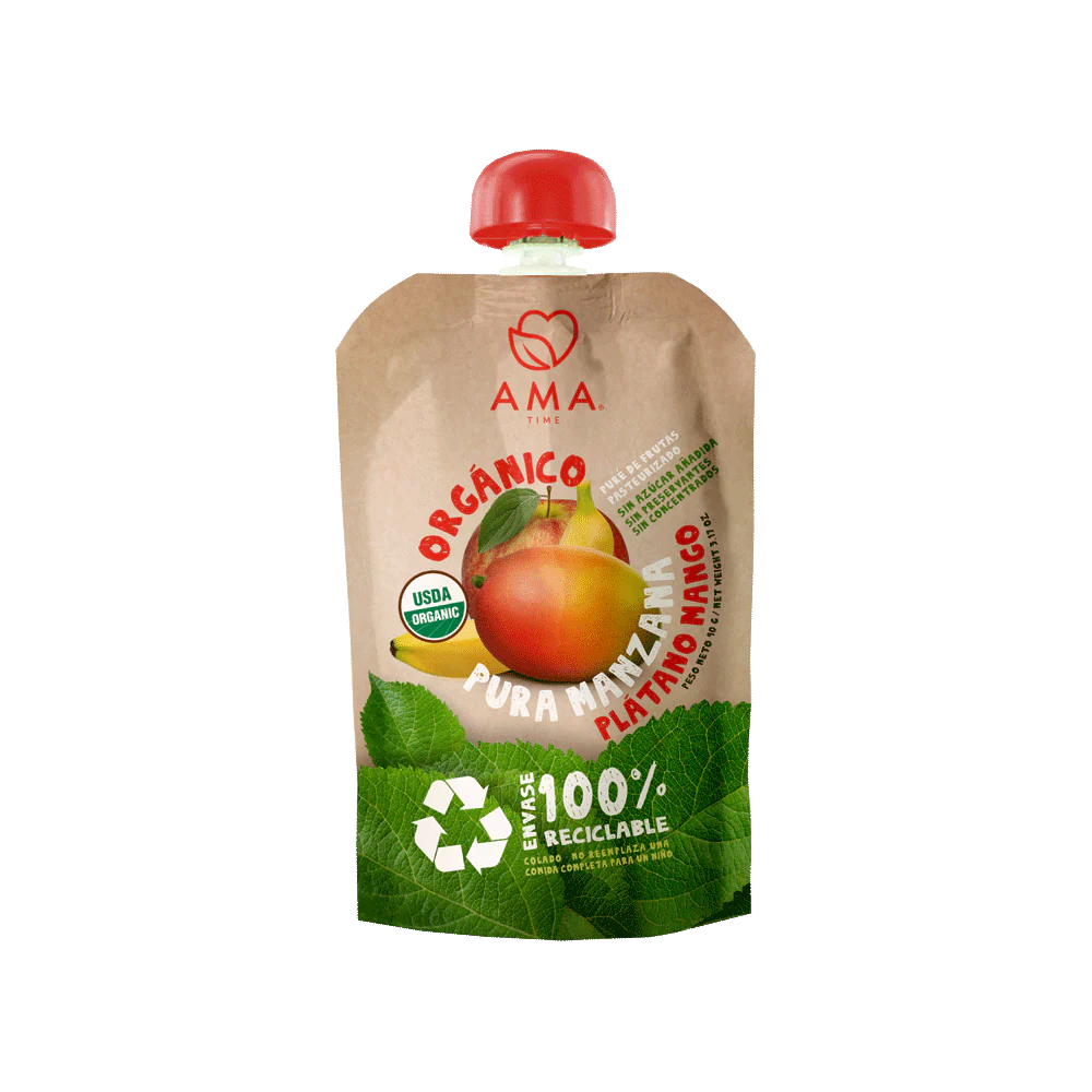 PURÉ AMA MANZANA PLÁTANO MANGO ORGÁNICO 90 GRS 32 UNIDS