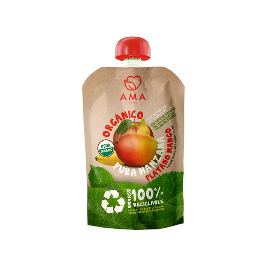 PURÉ AMA MANZANA PLÁTANO MANGO ORGÁNICO 90 GRS 32 UNIDS