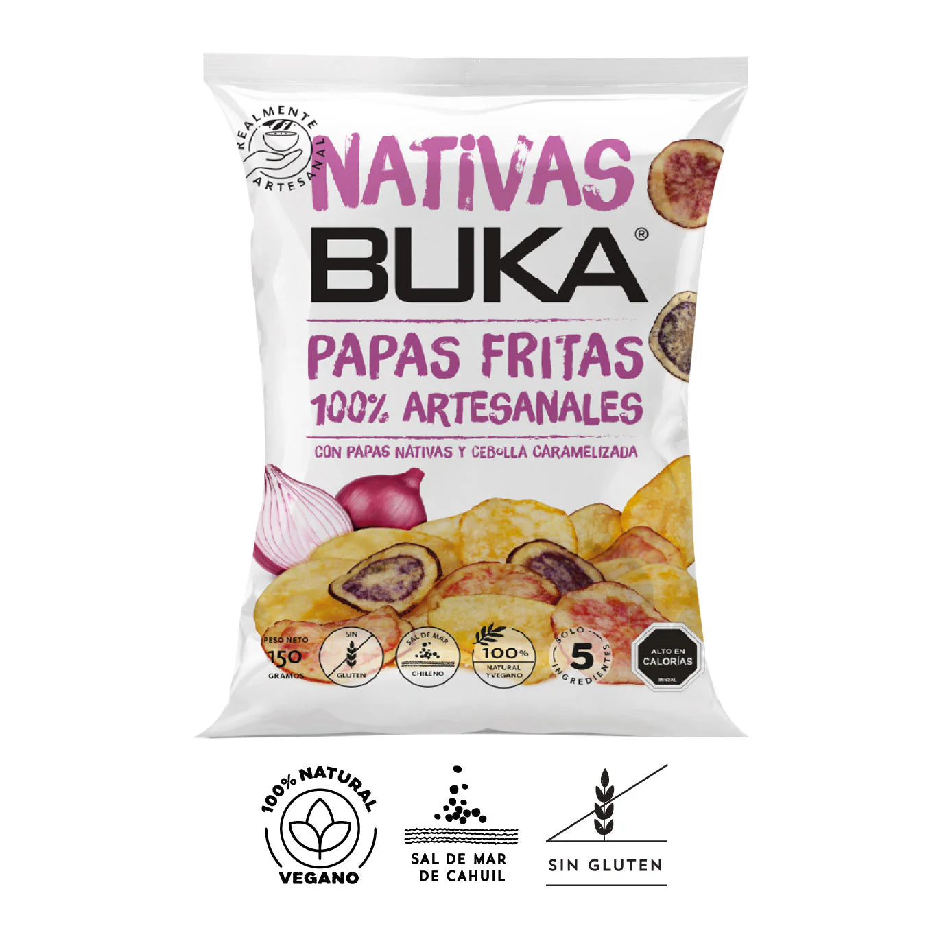 PAPAS FRITAS CON PAPAS NATIVA CEBOLLA CARAMELIZADA BUKA 150 GRS 12 UNIDS