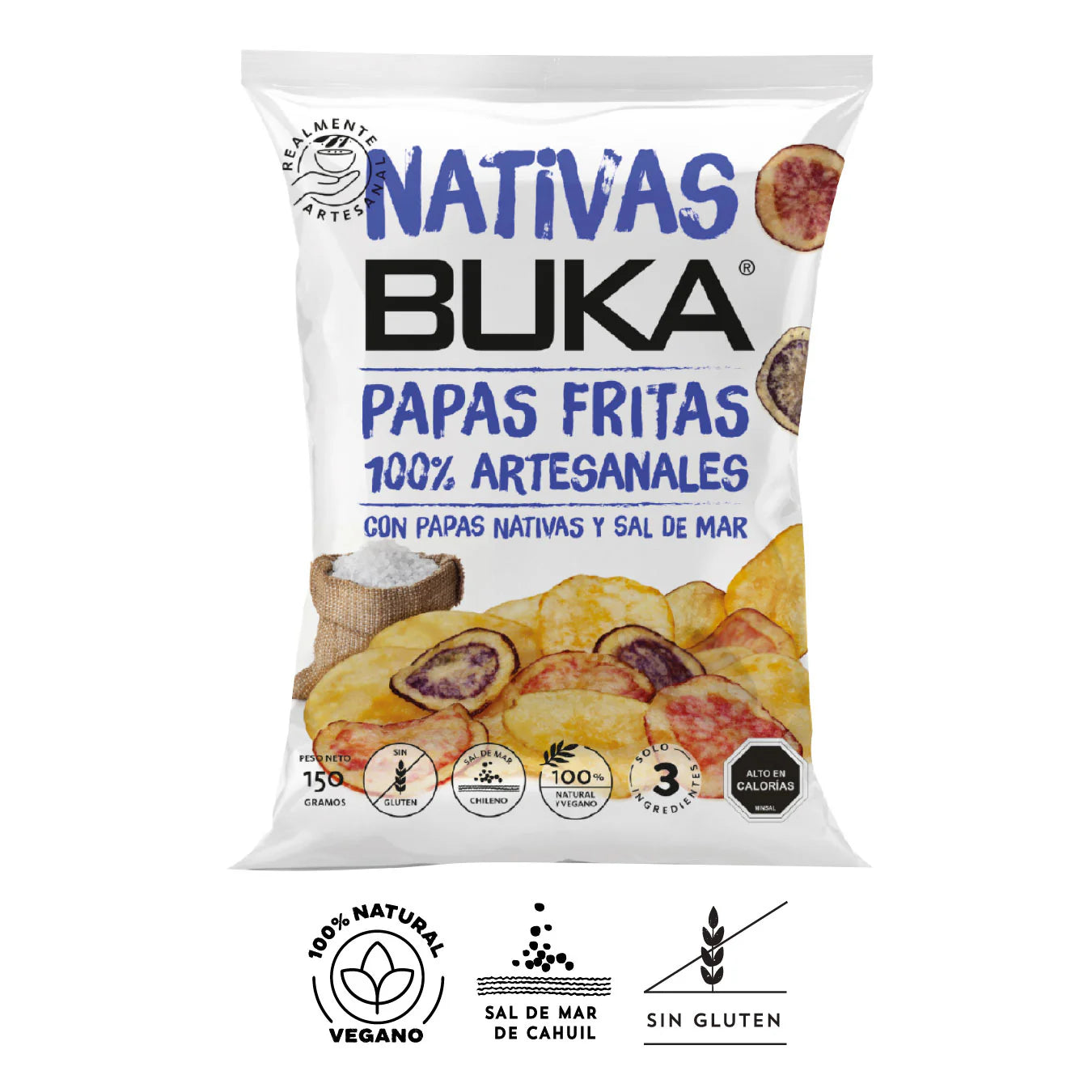 PAPAS FRITAS CON PAPAS NATIVA SAL DE MAR BUKA 150 GRS 12 UNIDS