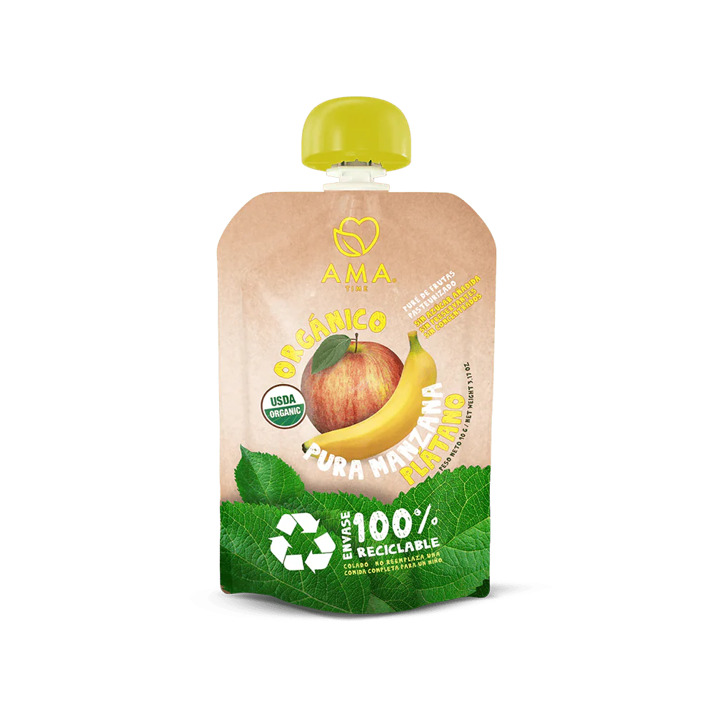 PURÉ AMA MANZANA PLÁTANO ORGÁNICO 90 GRS 32 UNIDS
