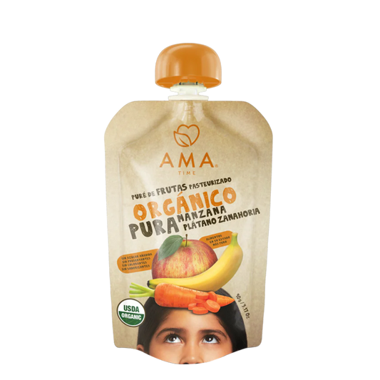 PURÉ AMA MANZANA PLÁTANO ZANAHORIA ORGÁNICO 90 GRS 32 UNIDS