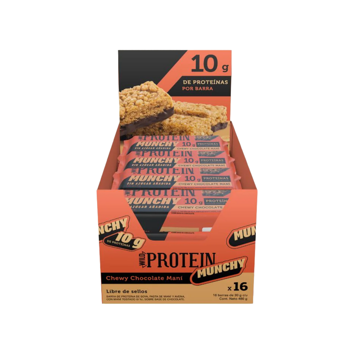 BARRA WILD PROTEIN MUNCHY CHOCOLATE MANÍ 16 UNIDS 30 GRS