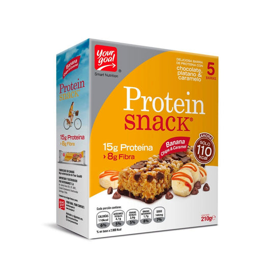 BARRA PROTEIN SNACK BANANA CHIPS & CARAMEL YOUR GOAL 42 GRS 5 UNIDS